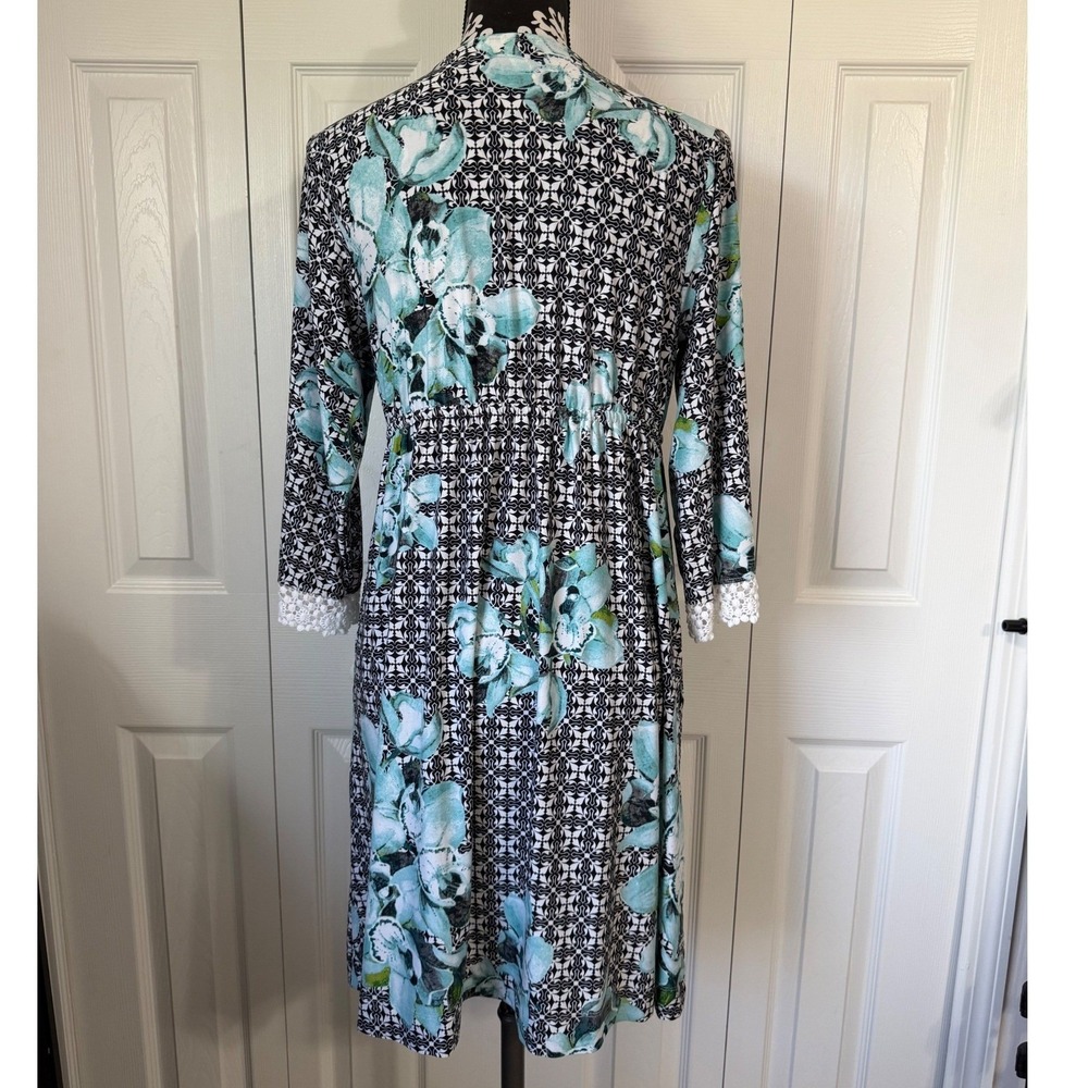 Soma Teal Floral Black Geometric Lounge Dress Nightgown Lace Trim Medium - Picture 2 of 11